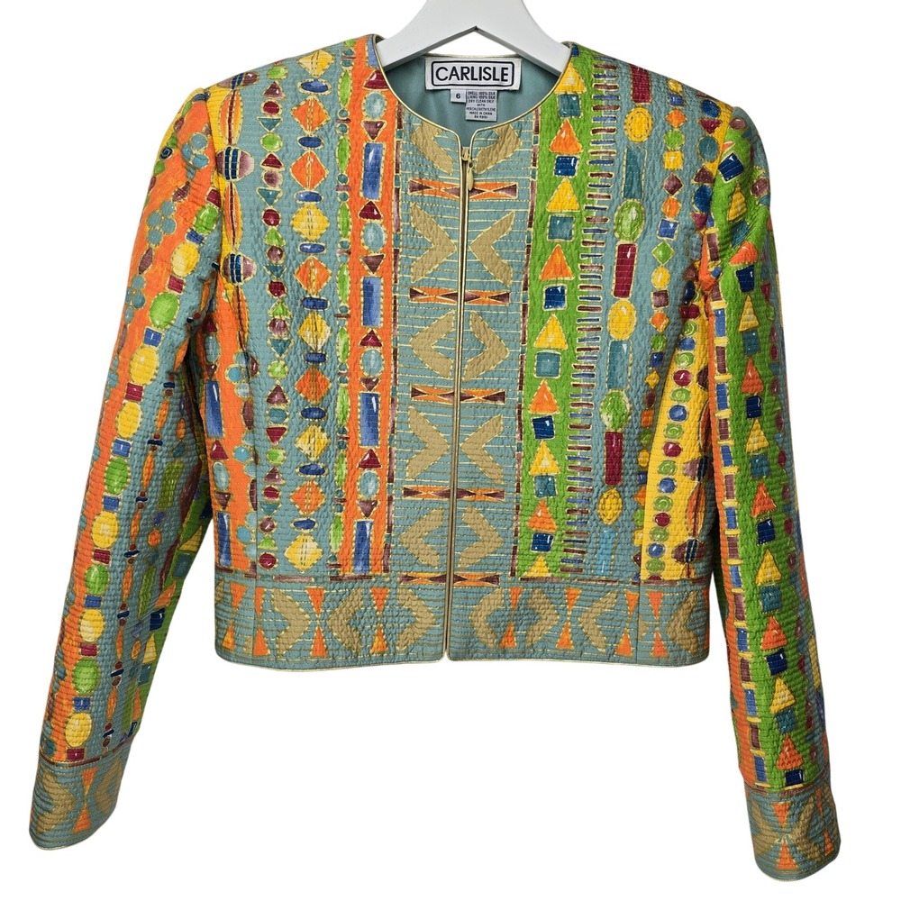Carlisle Silk Quilted Geometric Print Jacket Women's Size 6 Luxe Statement